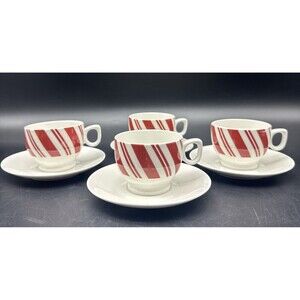 BIA Candy Cane RED Stripe Ceramic Demitasse Cappuccino Cups/Saucers-  Service 4